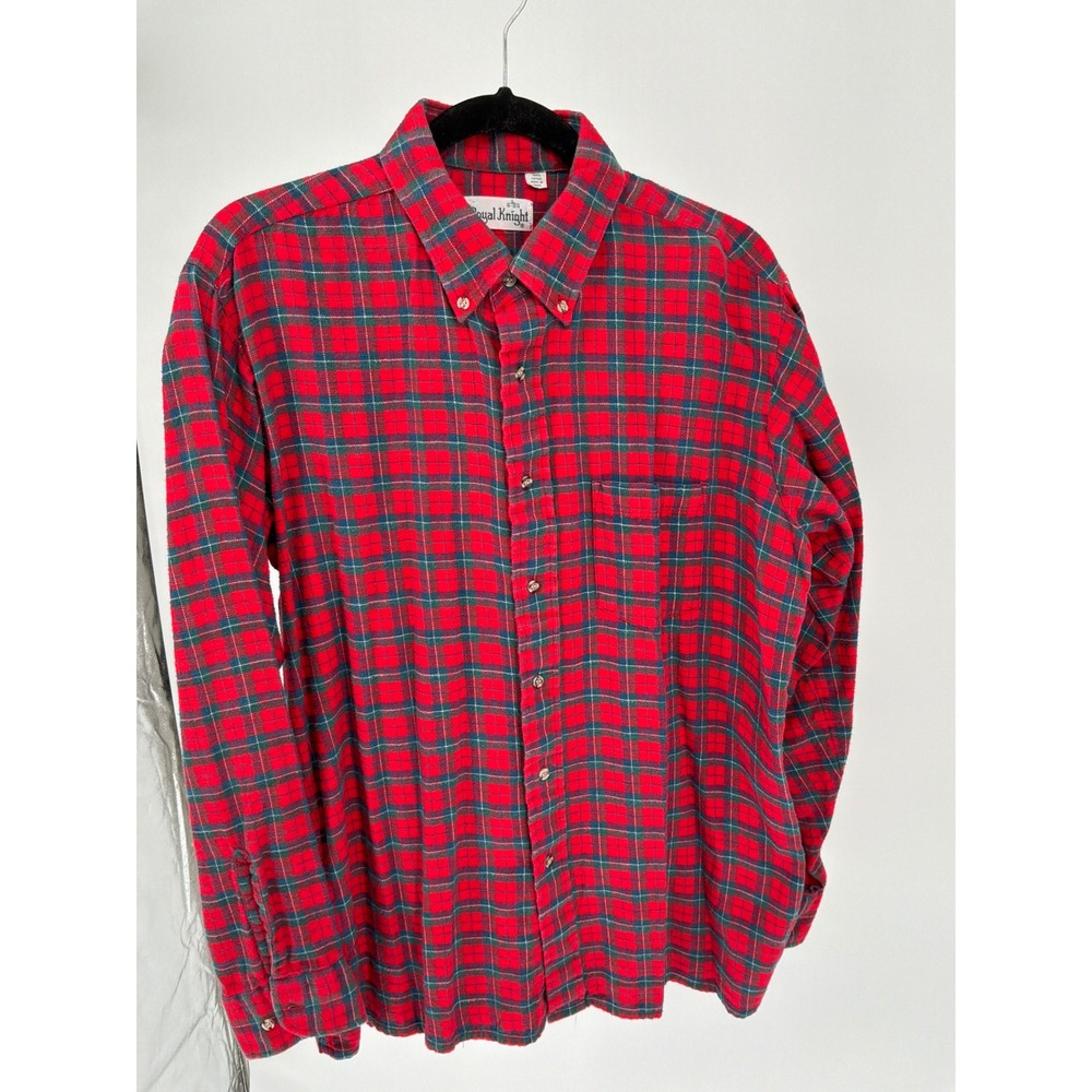 Vintage Royal Knight Mens Red Plaid Cotton Flannel Button Down Shirt Large